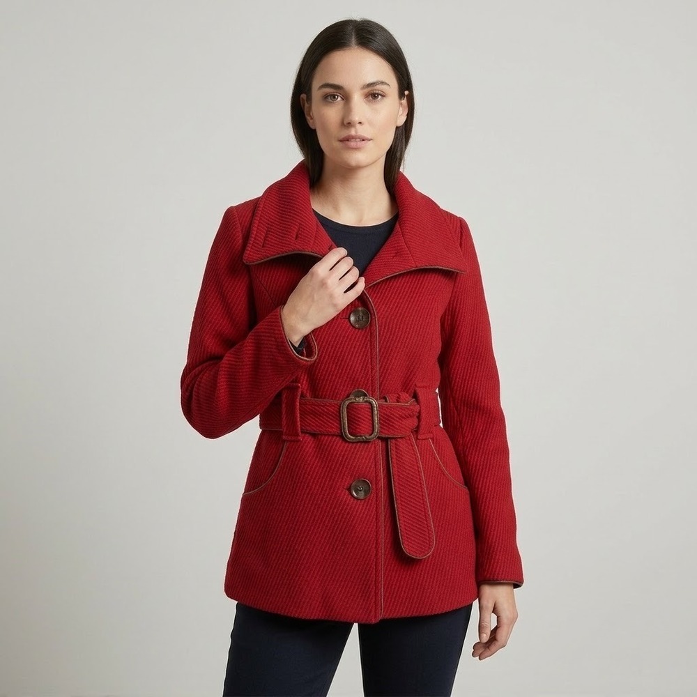 Soia & Kyo Wool Blend Belted Funnel Neck Coat Muted Red XS Chic Winter Outerwear